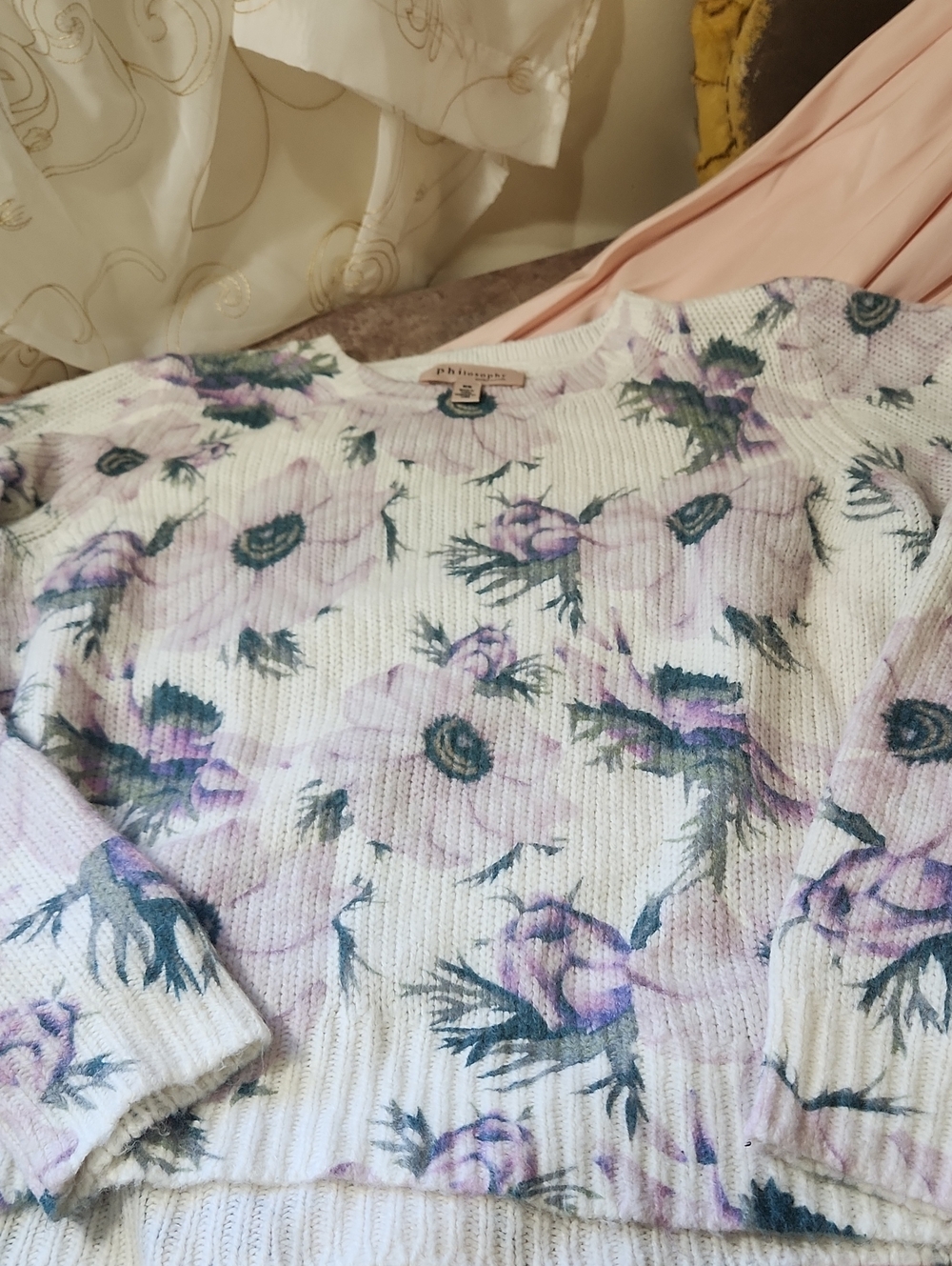 Philosophy White Crewneck Sweater with Lavender Floral Print